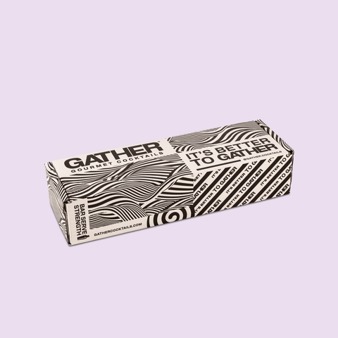 A mixed pack with a black and white design of GATHER gourmet cocktails on a light purple background. 