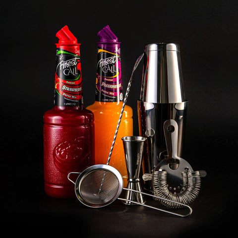 Finest Call Strawberry Puree Mix and Passion Fruit Puree Mix with shakers