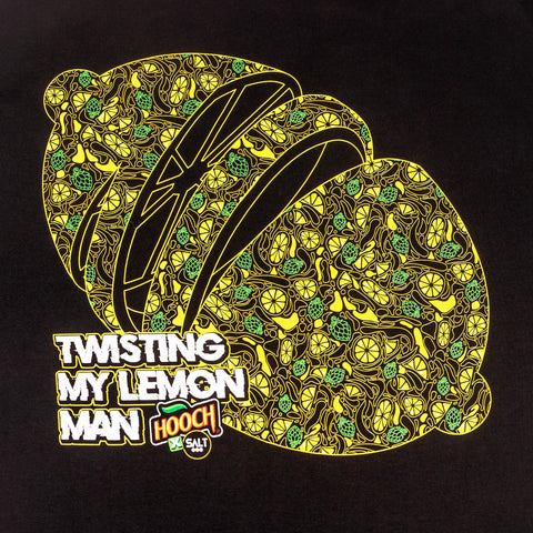 Close up design of Hooch and SALT collab t-shirt, twisting my lemon man. 