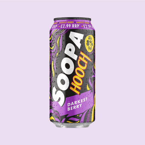 A can of Soopa Hooch Darkest Berry flavoured ready-to-drink sparkling beverage with a purple and black colour scheme on a light purple background. 