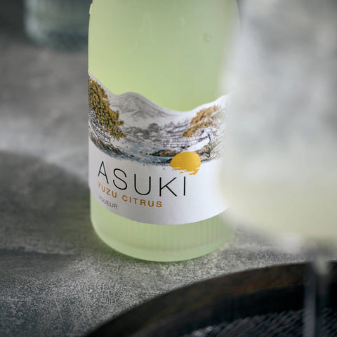 Bottle of Asuki Yuzu Citrus Liqueur, an Asian inspired liqueur. 