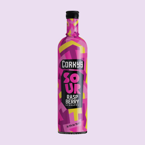 A bottle of Corky's Sour Raspberry Schnapps, a perfect drink for easy shots or making cocktails.