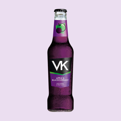 275ml glass bottle of VK Apple & Blackcurrant alcopop with vodka and fruit juice
