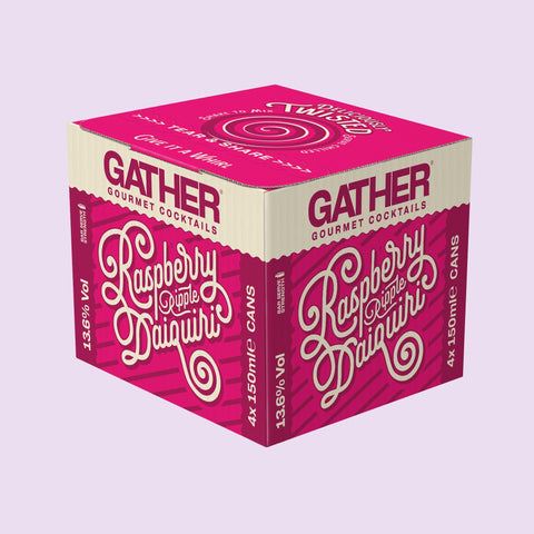 A four pack box of GATHER Gourmet Cocktails Raspberry Ripple Daiquiri. A 4 pack of premium ready to drink canned cocktails. 