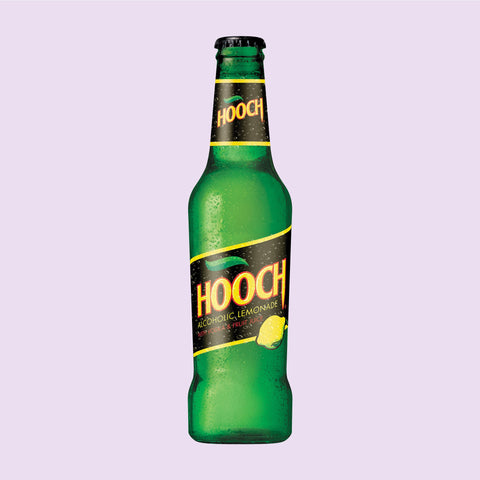 A bottle of Hooch alcoholic lemonade, a vodka premixed alcopop on a light purple background. 