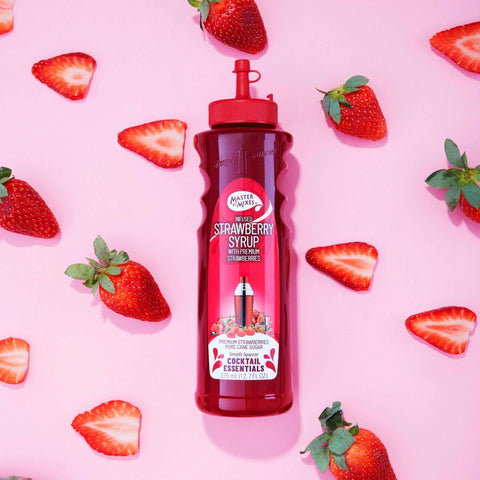 Master of Mixes Cocktail Essentials Strawberry Syrup, a non-alcoholic syrup made for mixing cocktails, mocktails, sodas and slushes. 