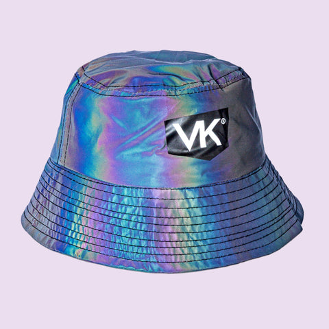 Multicolored bucket hat with VK logo on a light purple background