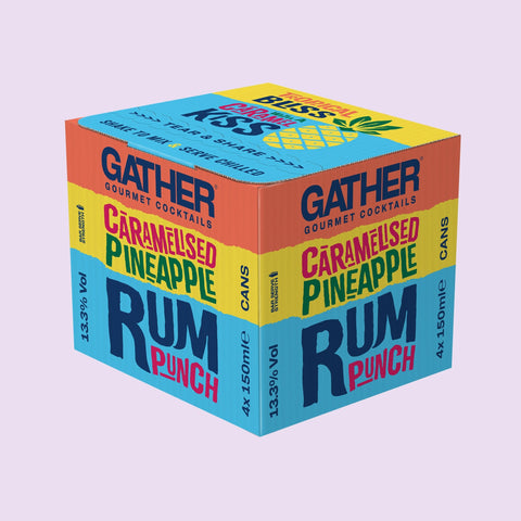A four pack box of GATHER Gourmet Cocktails in Caramelised Pineapple Rum Punch. A box of of 4 ready to drink canned cocktails. 