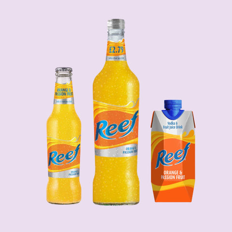 Two bottles and a tetra bottle of Reef on a light purple background. 