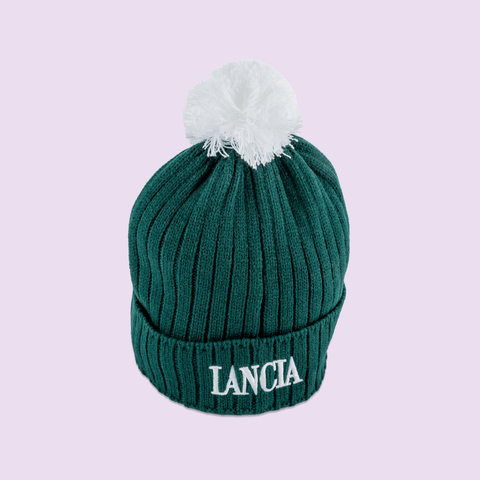 The back of Amigos Tequila Flavoured Beer bobble hat merch that is dark green with the text "Lancia" on the back.