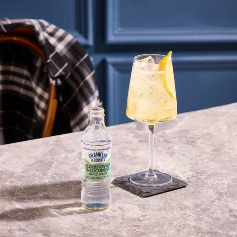 A gin and tonic using Franklin & Sons elderflower & cucumber tonic water as a premium mixer. 