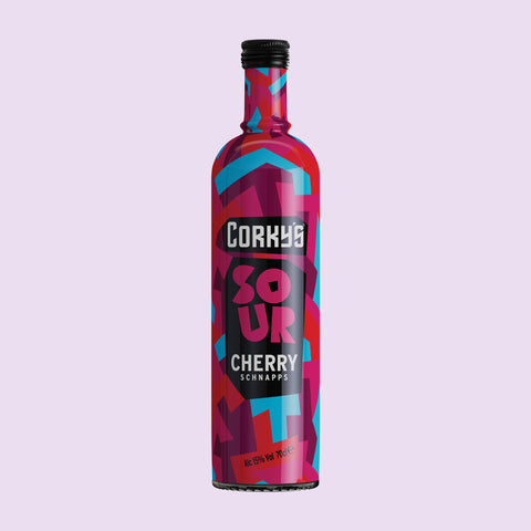 A bottle of Corky's Sour Cherry Schnapps, a perfect drink for easy shots or making cocktails.