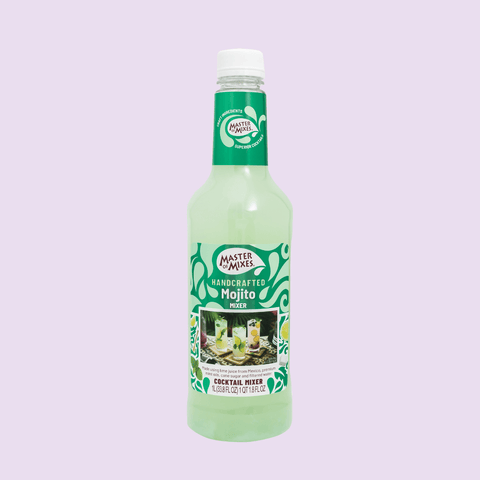 Bottle of Master of Mixes Mojito cocktail mixer on a light purple background