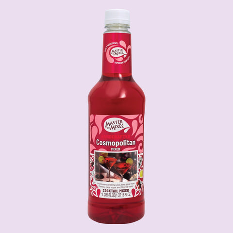 A bottle of Master of Mixes Cosmopolitan mixer, a non-alcoholic cocktail mixer. 
