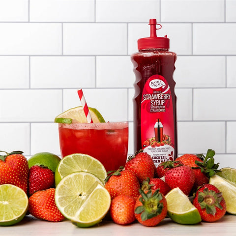 A strawberry cocktail made with Master of Mixes Cocktail Essentials Strawberry syrup. 