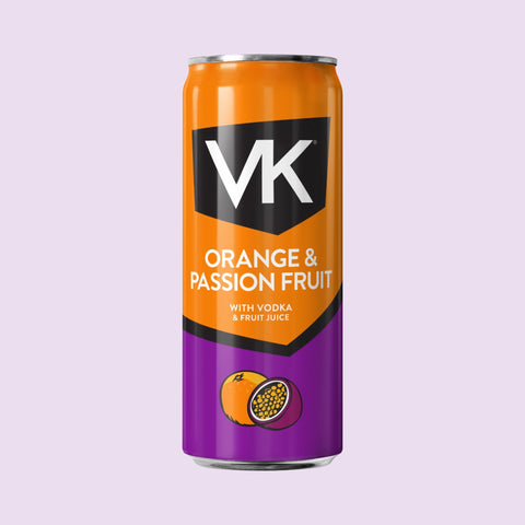 VK Orange & Passion Fruit drink can on a light purple background
