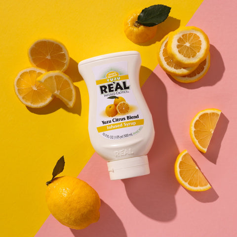 A bottle of Reál Yuzu Citrus Blend Infused Syrup. 