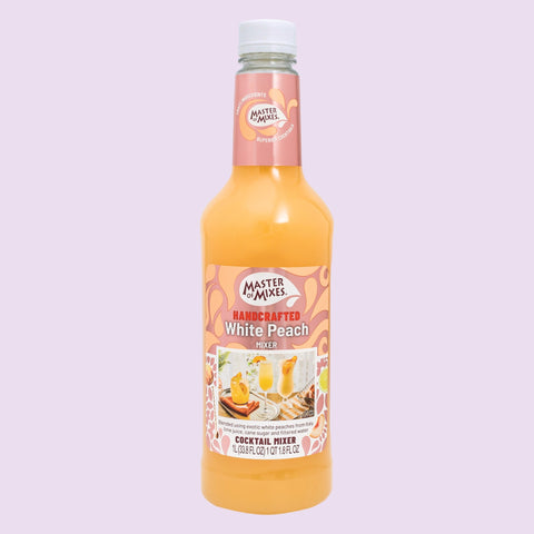 A bottle of Master of Mixes White Peach cocktail mixer, a non-alcoholic cocktail and mocktail mixer. 