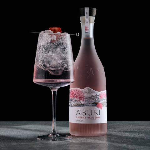 A cherry blossom spritz, made with Asuki Cherry Blossom Liqueur. 