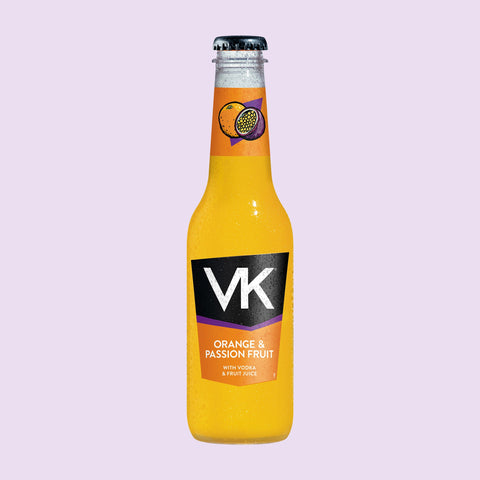 275ml plastic bottle of VK Orange & Passion Fruit alcopop with vodka & fruit juice.