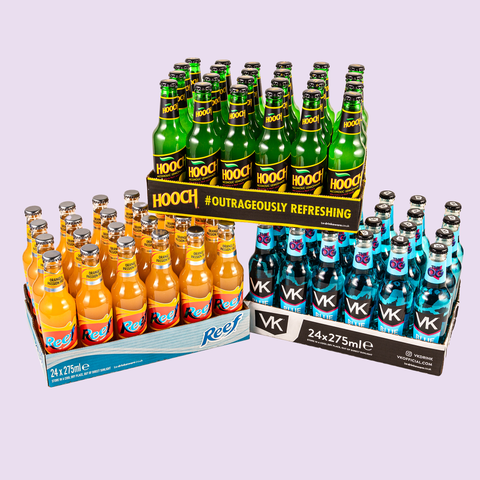 The 90's Alcopops Nostalgia Pack conists of 24 x Reef, 24 x Hooch Lemon, 24 x VK Blue.