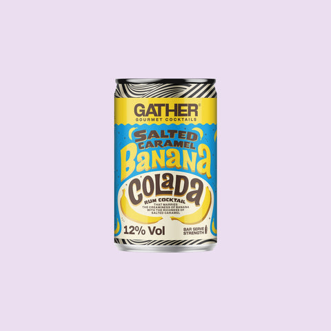 A can of salted caramel banana colada gather on a light purple background. 