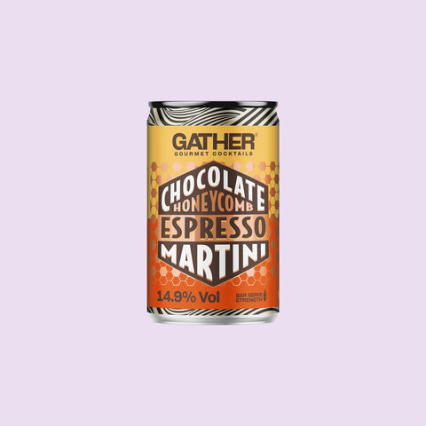 A can of GATHER Chocolate Honeycomb Espresso Martini, a bar-quality, premixed, strong canned cocktail. 