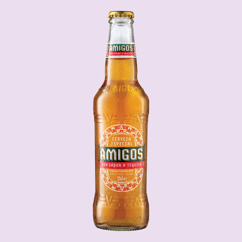 Amigos, tequila flavoured beer on a light purple background. 