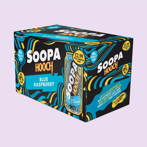A multipack of blue raspberry Soopa Hooch which has an 8% ABV on a light purple background. 
