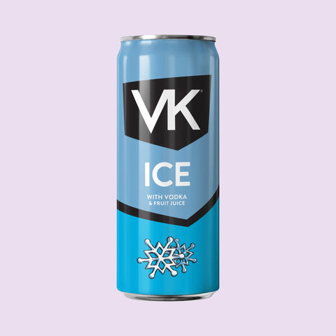 Blue can of VK Ice with Vodka & Fruit Juice on a light purple background