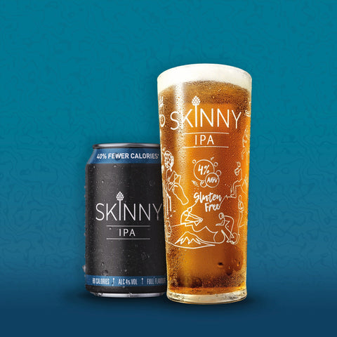 Skinny IPA can and glass on a blue background
