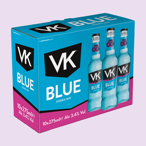Box of VK Blue 10 x 275ml pack with vibrant packaging.