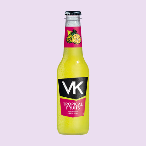 275ml plastic bottle of VK Tropical Fruits with vodka and fruit juice.