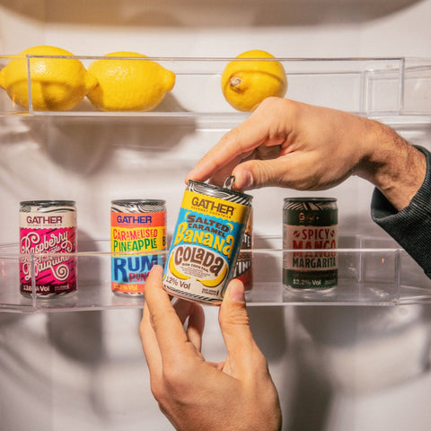 GATHER Gourmet Cocktails Salted Caramel Banana Colada taken out of a fridge with the range
