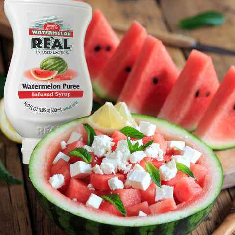 A watermelon and feta salad made with Reál Watermelon Puree Infused Syrup. 