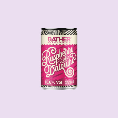 A can of GATHER Raspberry Ripple Daiquiri on a light purple background. 
