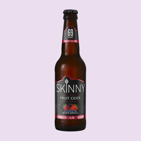 A bottle of Skinny Fruit Cider, a low calorie mixed berry fruit cider with a 3.4% ABV.       