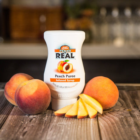 Real peach puree syrup, a vegan and gluten free syrup that is a perfect cocktail or mocktail ingredient, 