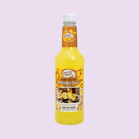 Bottle of Master of Mixes whiskey sour mix on a light purple background