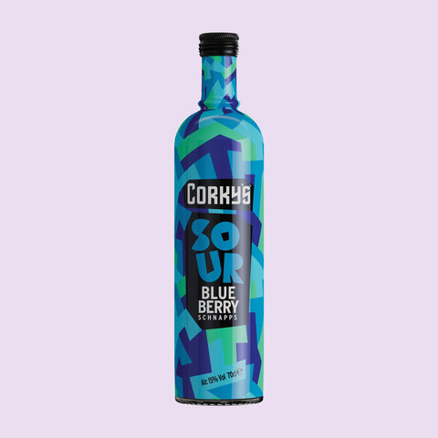 A bottle of Corky's Sour Blueberry Schnapps, a perfect drink for easy shots or making cocktails. 