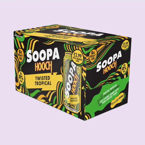 An 8 pack of Soopa Hooch twisted tropical with a colourful design & graphics on a light purple background. 