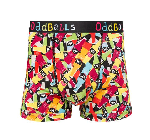 Colourful boxer briefs withVK bottle pattern and 'Odd Balls' branding on a white background