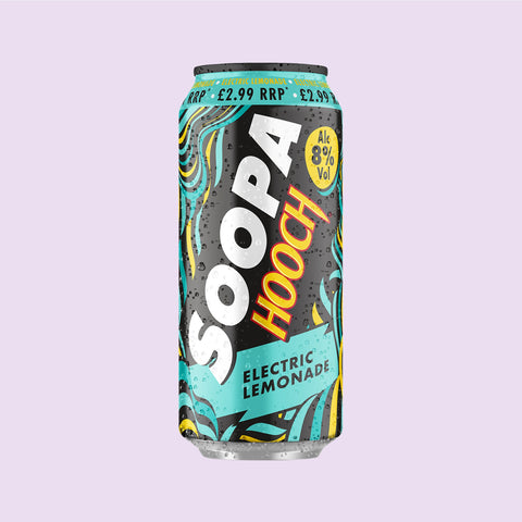 A can of Soopa Hooch Electric Lemonade, displaying a colourful design with the text 'Electric Lemonade' on a light purple background. 