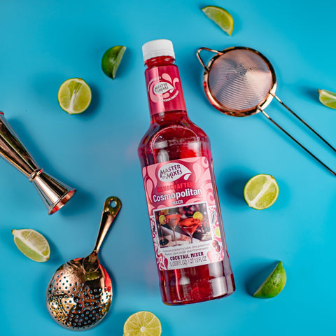 A bottle of Master of Mixes Cosmopolitan mixer, a non-alcoholic cocktail mixer. 