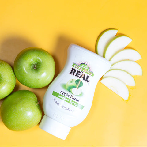 A bottle of Re'al Crisp Apple Puree Infused Syrup. 