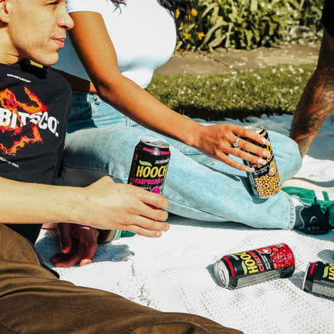 People having a picnic drinking cans of Hooch premixed, ready to drink alcopops. 
