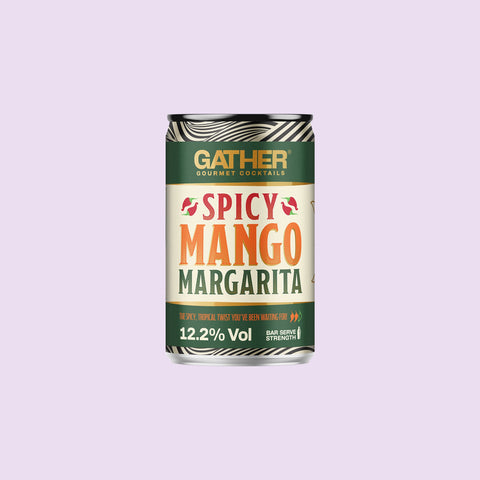 A can of GATHER Spicy Mango Margarita on a light purple background. 