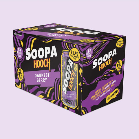 A multipack of Darkest Berry Soopa Hooch on a light purple background.