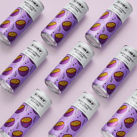All Shook Up passion fruit martini premixed, ready to drink canned cocktails. 