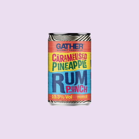 A can of GATHER Caramelised Pineapple Rum Punch, a bar-quality, premixed, strong canned cocktail. 